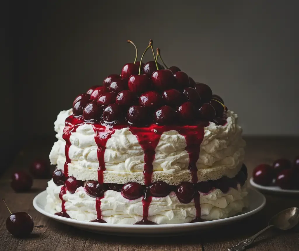 Keto Cherries in the Snow dessert ready to serve, featuring fluffy cream cheese layer and glossy cherry topping.