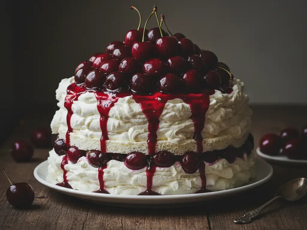 Keto Cherries in the Snow dessert ready to serve, featuring fluffy cream cheese layer and glossy cherry topping.