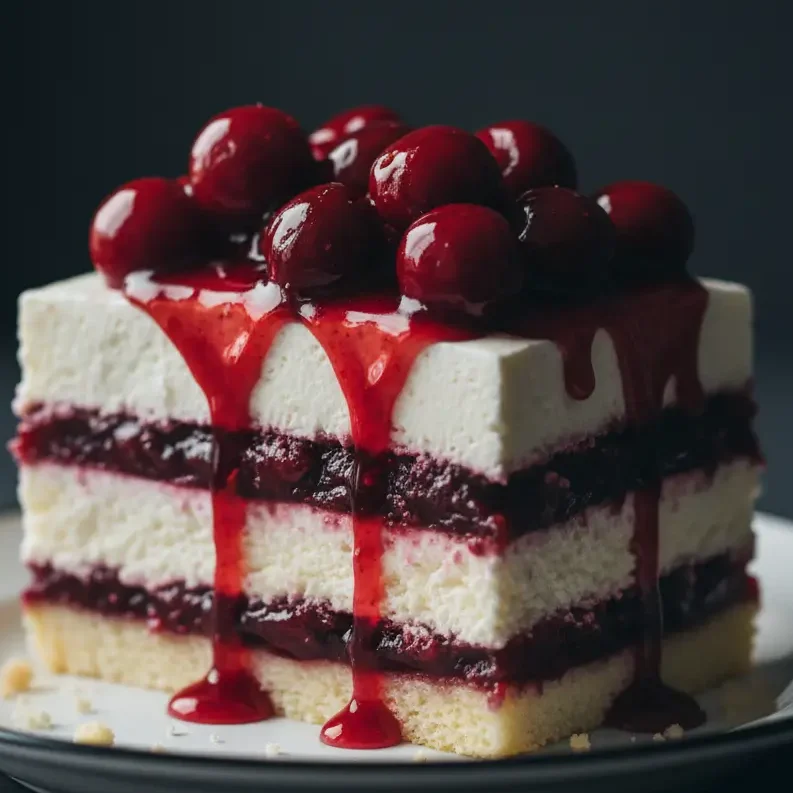Delicious Keto Cherries in the Snow slice garnished with sugar-free cherries on a dessert plate