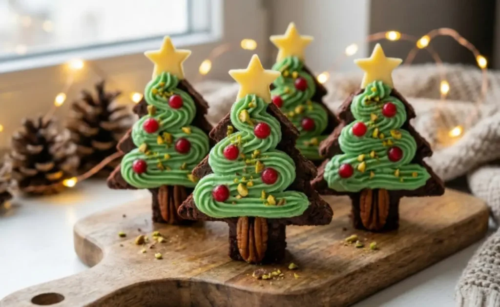 Fudgy keto brownies shaped like Christmas trees with creamy green frosting and keto-friendly decorations, perfect for a guilt-free holiday dessert.