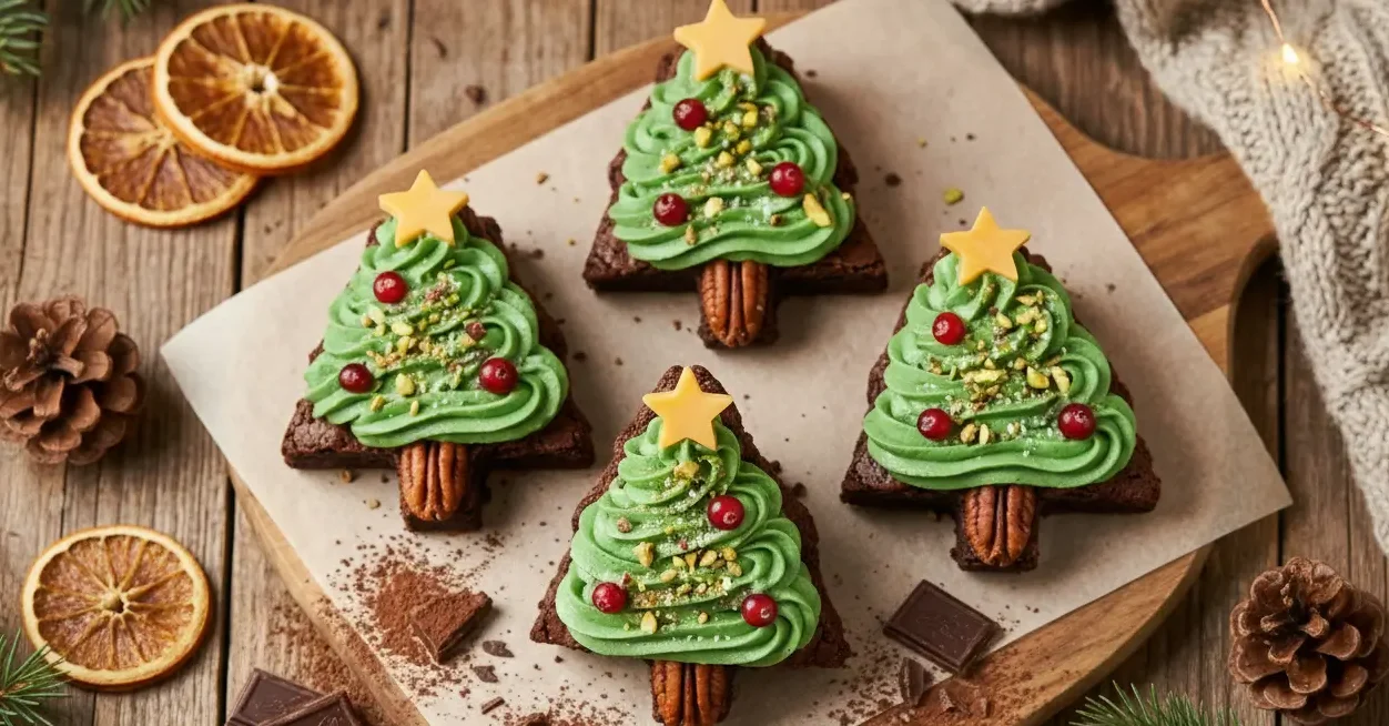 Low-carb Christmas tree brownies made with almond flour and sugar-free sweetener, beautifully decorated with green frosting and festive toppings.