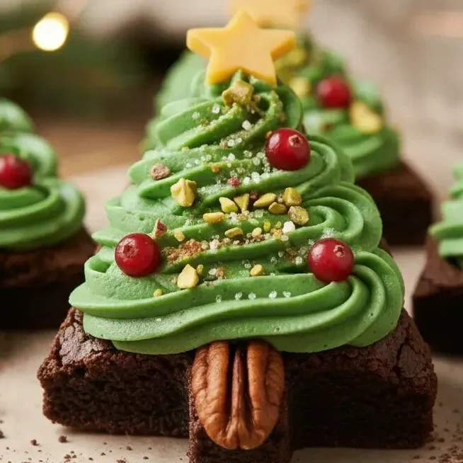 Keto Chocolate Brownie Christmas Trees decorated with green sugar-free frosting, cranberries, and pecans, served as a festive low-carb holiday treat.