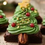 Keto Chocolate Brownie Christmas Trees decorated with green sugar-free frosting, cranberries, and pecans, served as a festive low-carb holiday treat.