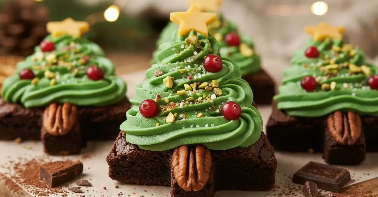 Keto Chocolate Brownie Christmas Trees decorated with green sugar-free frosting, cranberries, and pecans, served as a festive low-carb holiday treat.