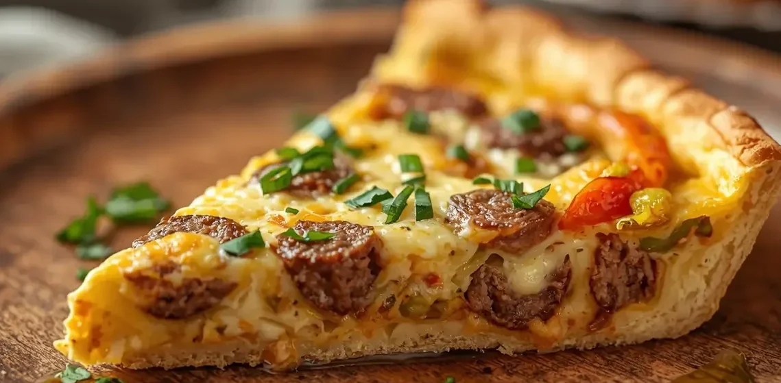 Close-up of a slice of keto savory cheesy Italian sausage pepper quiche