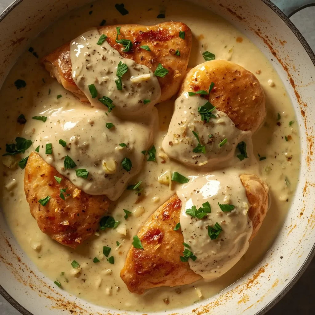 Keto Creamy Garlic Chicken Special in a creamy garlic sauce served in a skillet