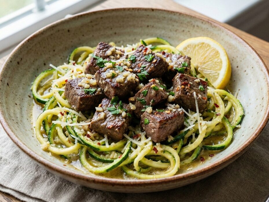 Keto Garlic Butter Steak Bites with Zucchini Noodles