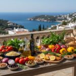 Mediterranean Diet featuring fresh vegetables, olive oil, fish, whole grains, and nuts arranged on a table with a Mediterranean sea background
