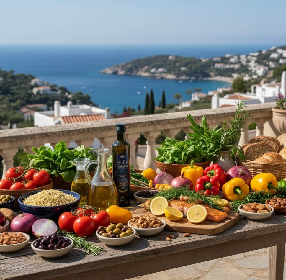 Mediterranean Diet featuring fresh vegetables, olive oil, fish, whole grains, and nuts arranged on a table with a Mediterranean sea background