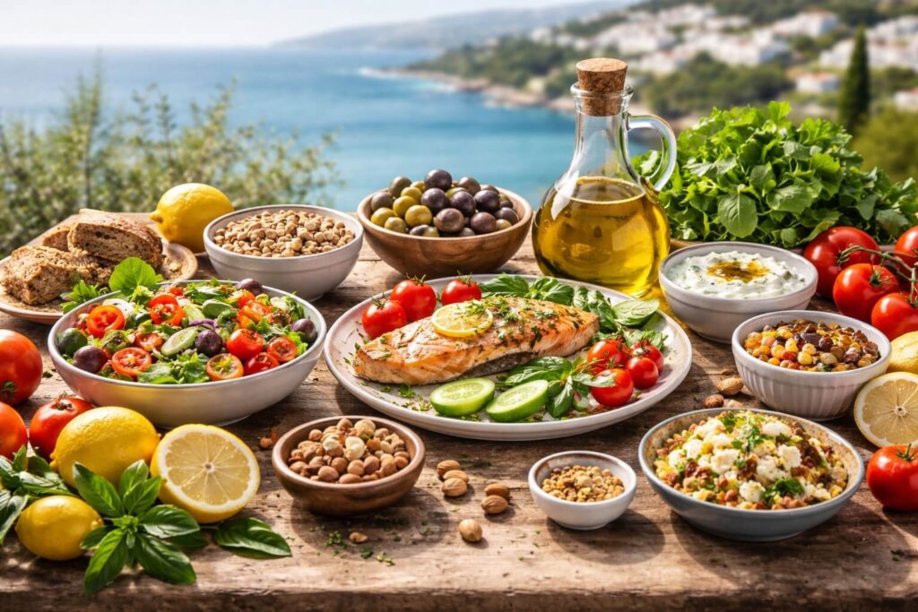 Mediterranean Diet spread with colorful fruits, vegetables, legumes, olive oil, whole grains, and seafood on a rustic table by the Mediterranean coast