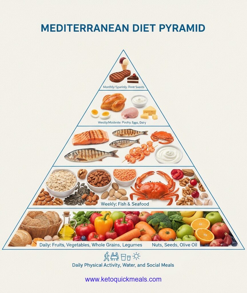 Mediterranean Diet pyramid illustrating daily vegetables and whole grains, healthy fats, fish, moderate dairy, limited red meat, and active lifestyle habits