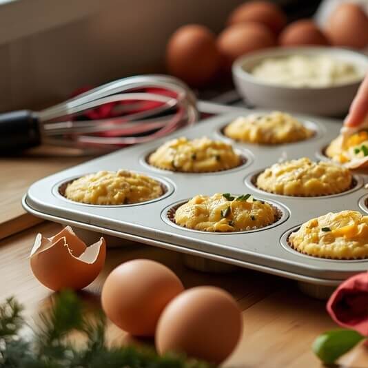 Keto Christmas Egg Muffins in a real home kitchen setting, surrounded by ingredients and a red holiday kitchen towel for an authentic festive look.