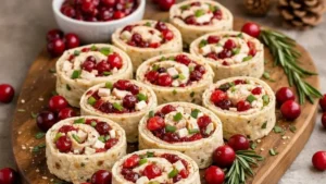 Keto Savory Christmas Cranberry Roll Ups arranged on a festive holiday platter
