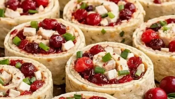 Keto Savory Christmas Cranberry Roll Ups arranged on a festive holiday platter