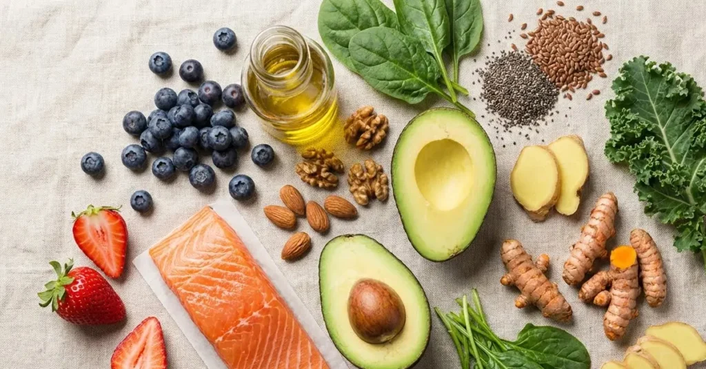 Anti-inflammatory diet foods including leafy greens, berries, fatty fish, olive oil, whole grains, nuts, seeds, turmeric and ginger