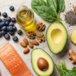 Anti-inflammatory diet foods including leafy greens, berries, fatty fish, olive oil, whole grains, nuts, seeds, turmeric and ginger