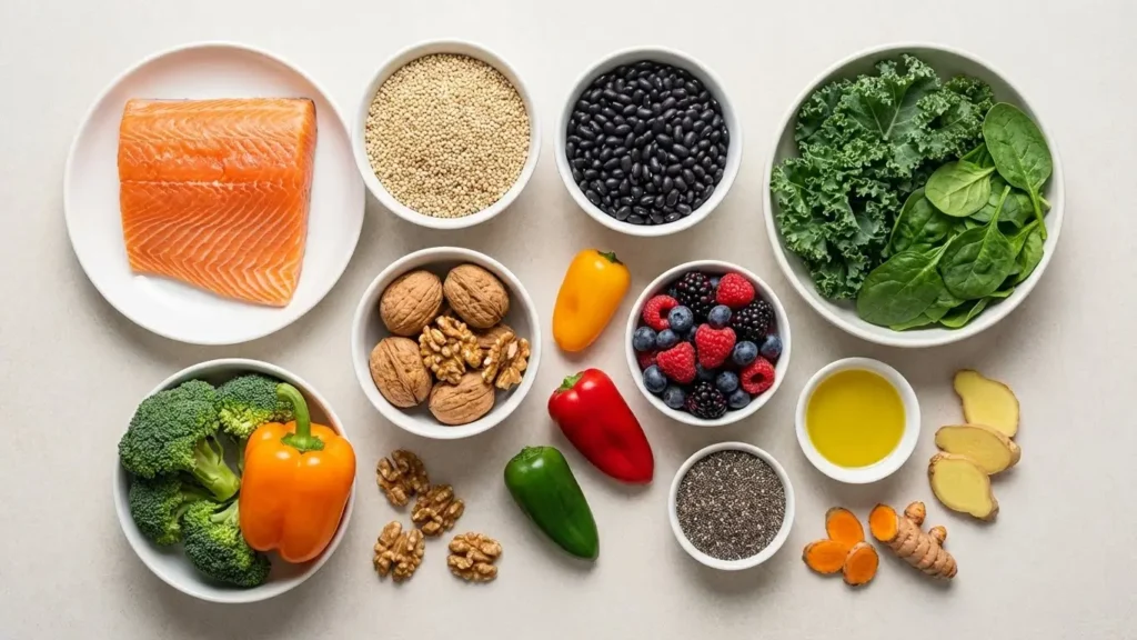 nti-inflammatory diet foods arranged in a healthy balanced meal