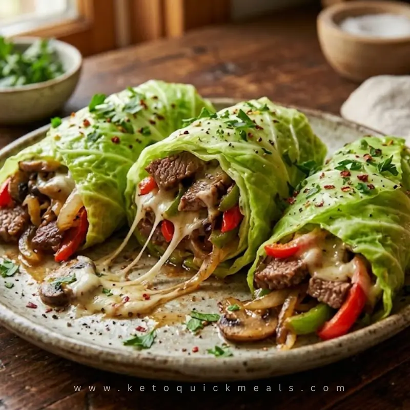 High protein Philly-cheesesteak-cabbage-wraps