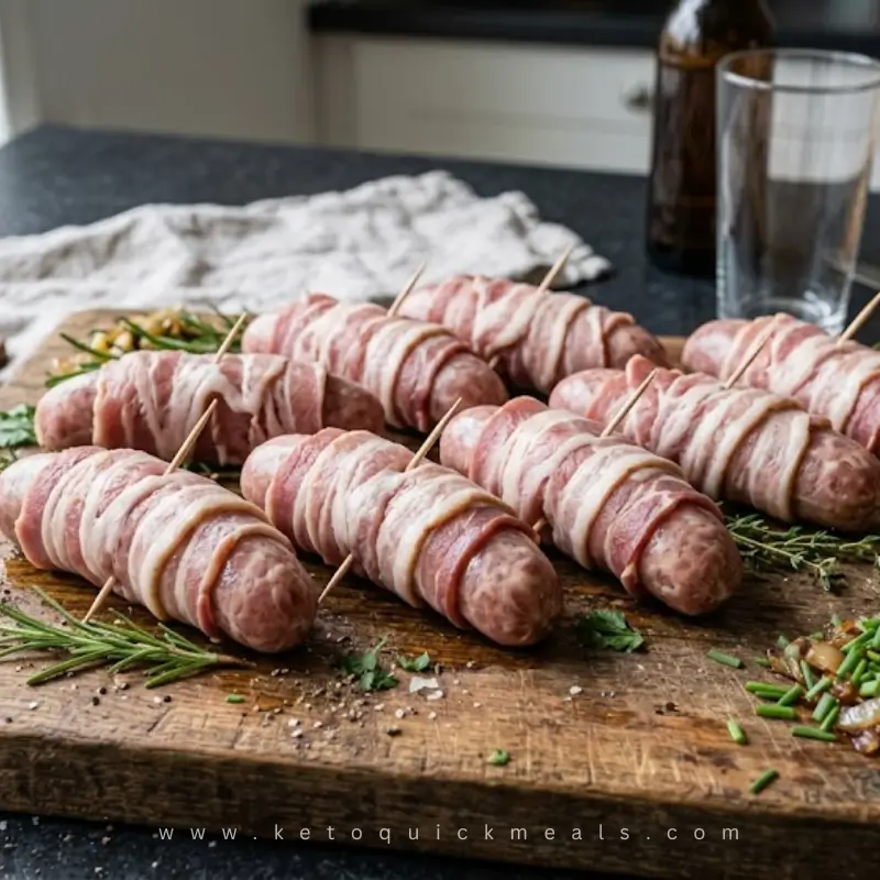 Bacon-Wrapped-Sausages-with-Raclette-Cheese ready for air fry secure with toothpick